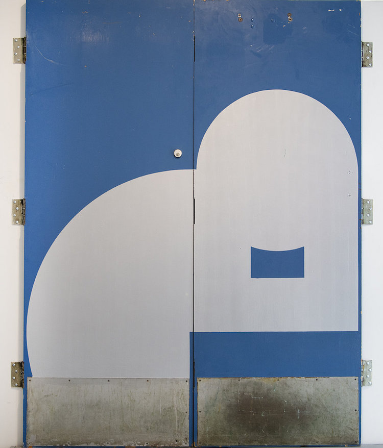 "A 2 Z," 2019. Enamel Paint On Wooden Doors With Metal Plates. 77 x 60 Inches