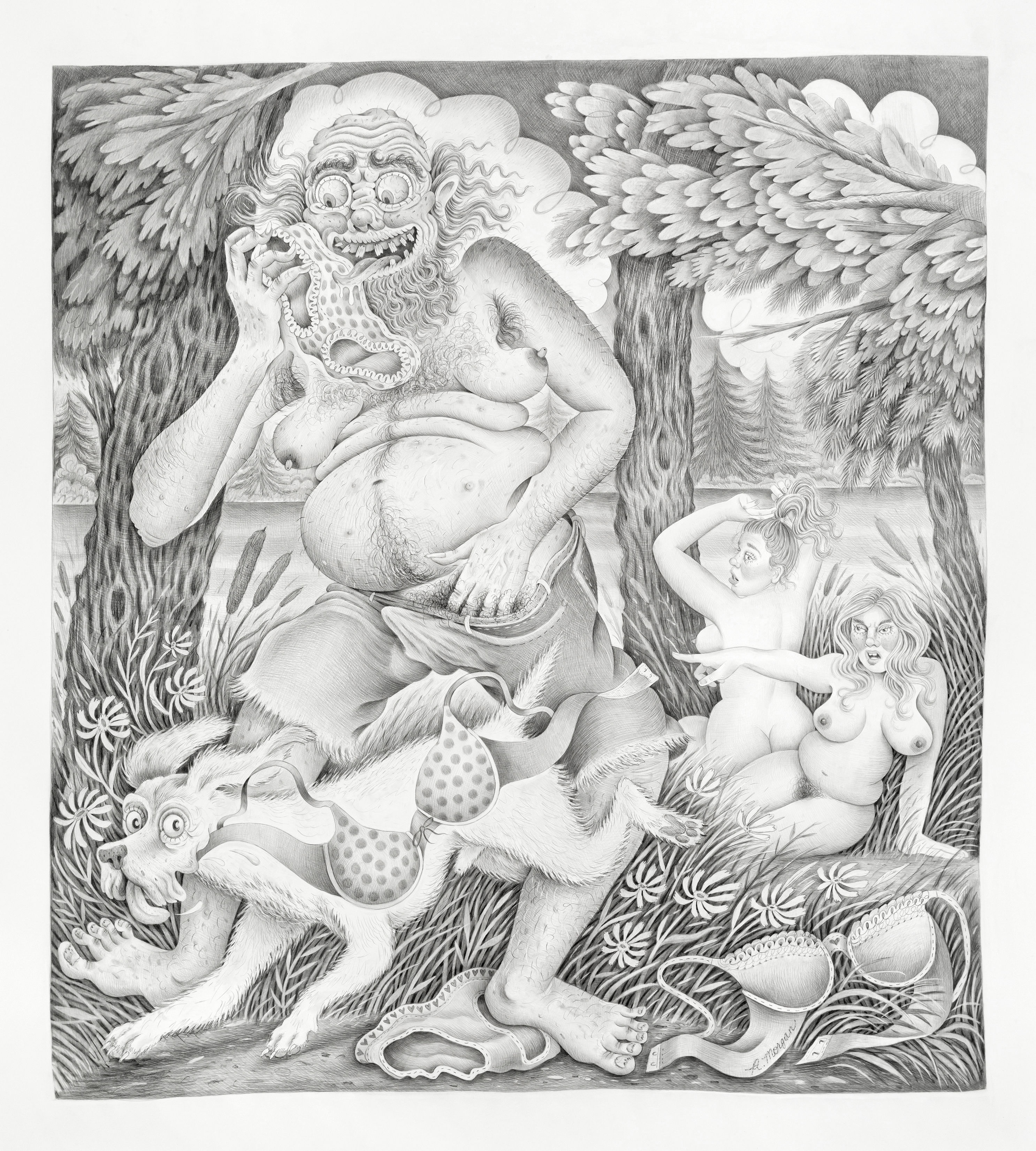 "Panty Stealers (After Diana and Actaeon)," 2019. Graphite on paper. 71h x 64w inches.