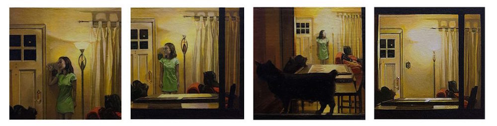 “An Evening,” 2019. Oil on Wood Panel Quadriptych, 10" × 2.5".