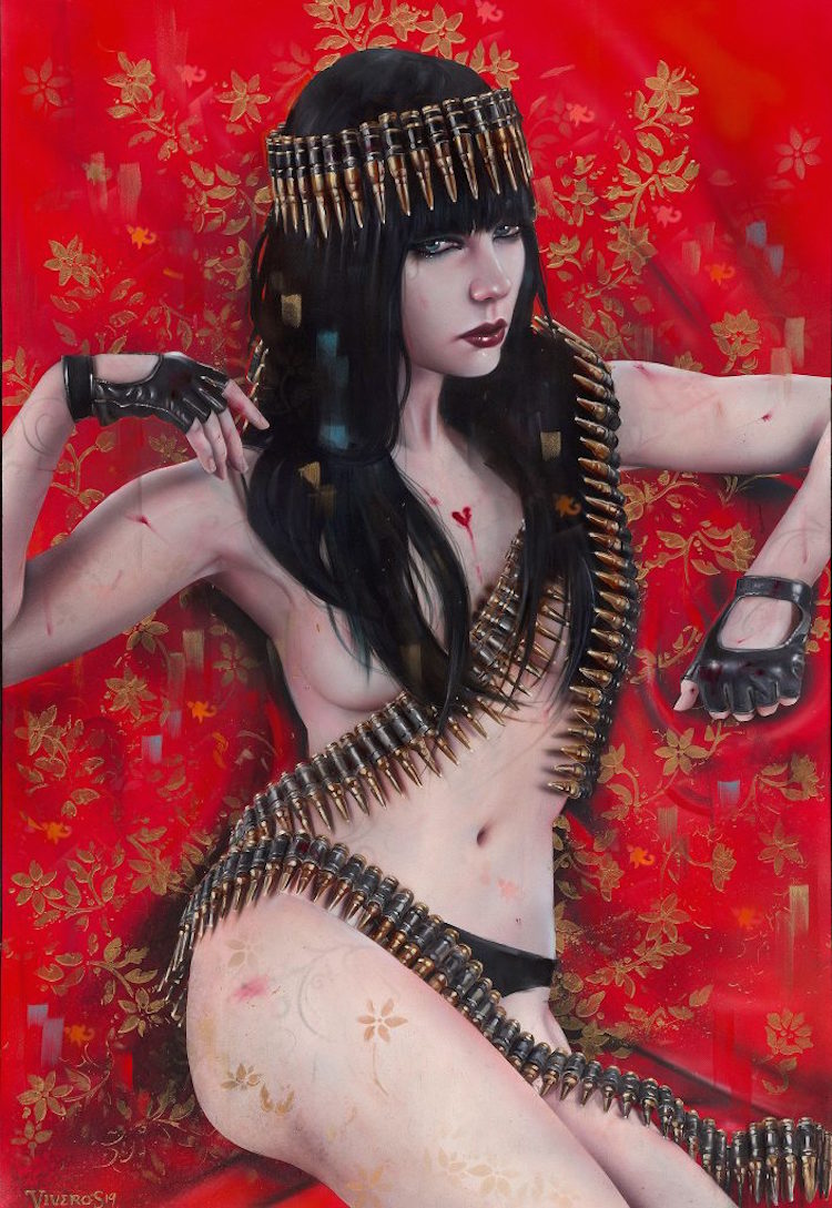 "Queen of the Damned," 2019. Oil, acrylic, airbrush, spray paint on maple board, 24" x 36".