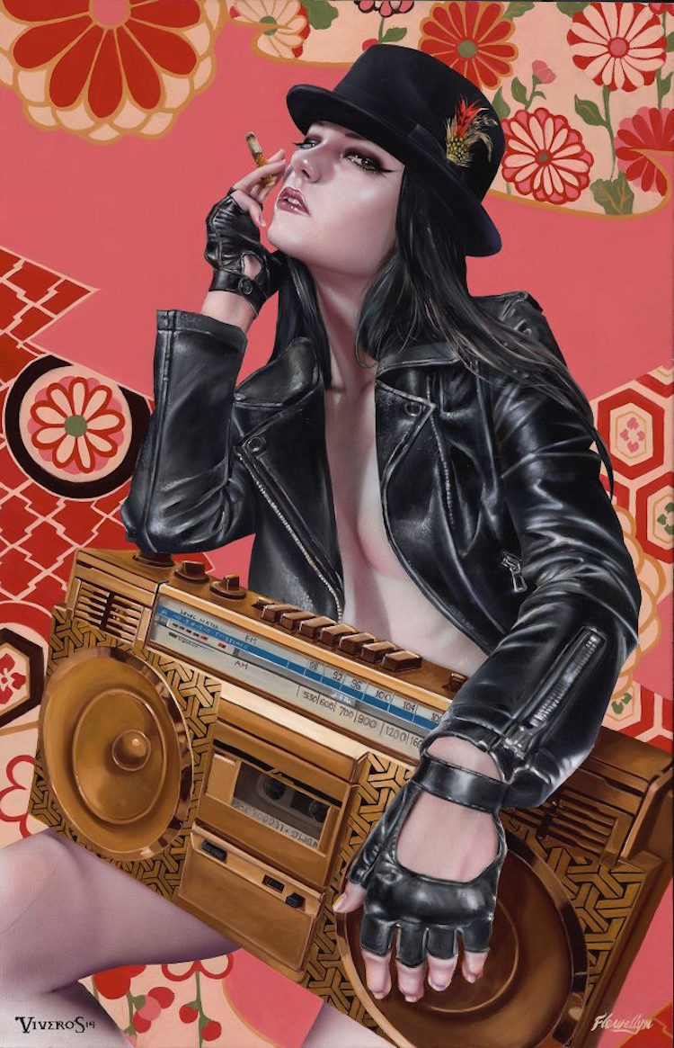"Walk This Way," 2019. Brian Viveros Collaboration with Ken Flewellyn. Oil, acrylic on maple board, 15.5" x 24".