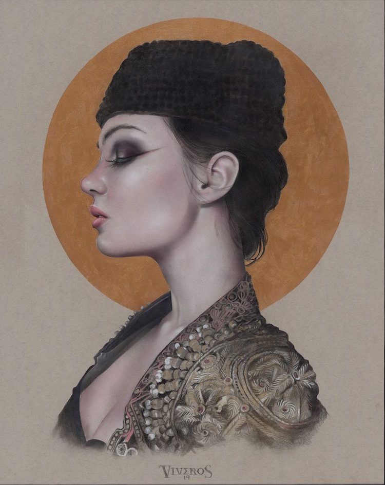 "Torero," 2019. Pastels, airbrush, gold leaf paint on toned paper, 14" x 17.5".