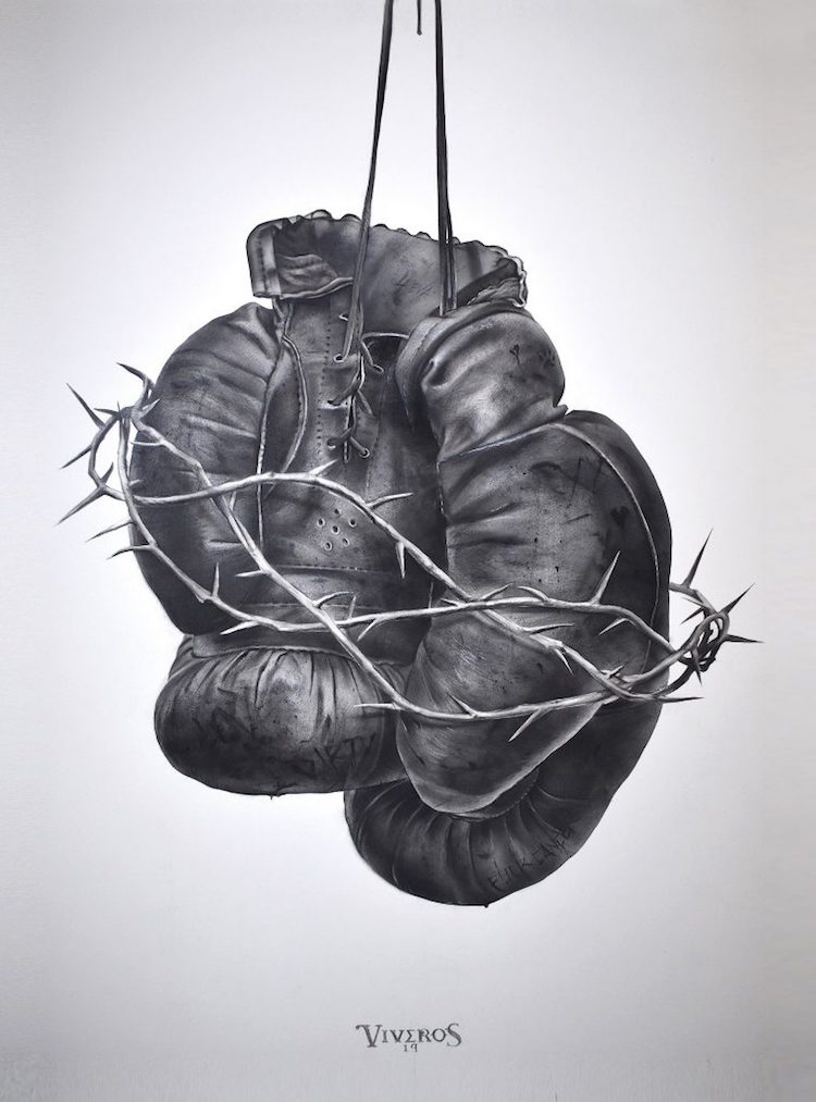 "Sacred Gloves," 2019. Charcoal, pastel, and airbrush on board, 19" x 24".