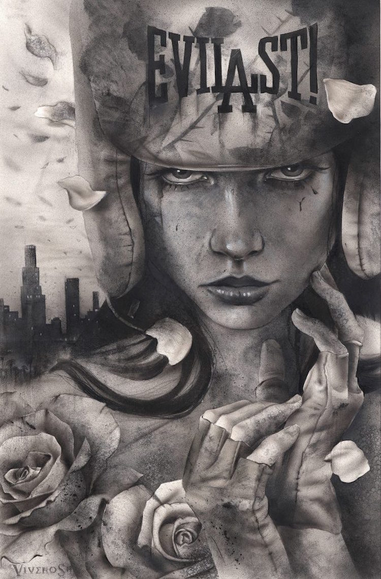 "Hell Hath No Fury," 2019. Charcoal, graphite, airbrush on board, 11" x 17". 