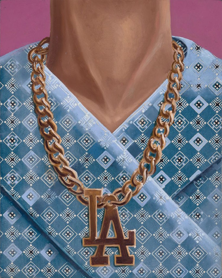 "Westside," 2019. Oil on screen printed handmade Milberry + SP Pulp base paper adhered to wood 8 x 10".