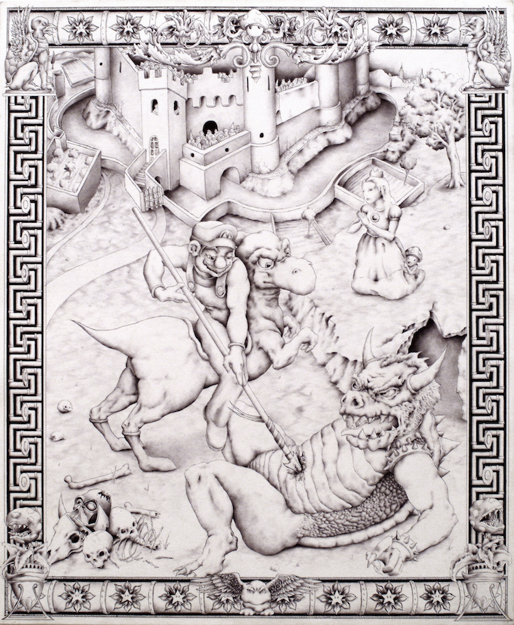 Butt Johnson. “Mario, Patron Saint of Brooklyn,” 2003. Ballpoint ink on paper, 17 x 14 in. Collection of Scott Hoffman.