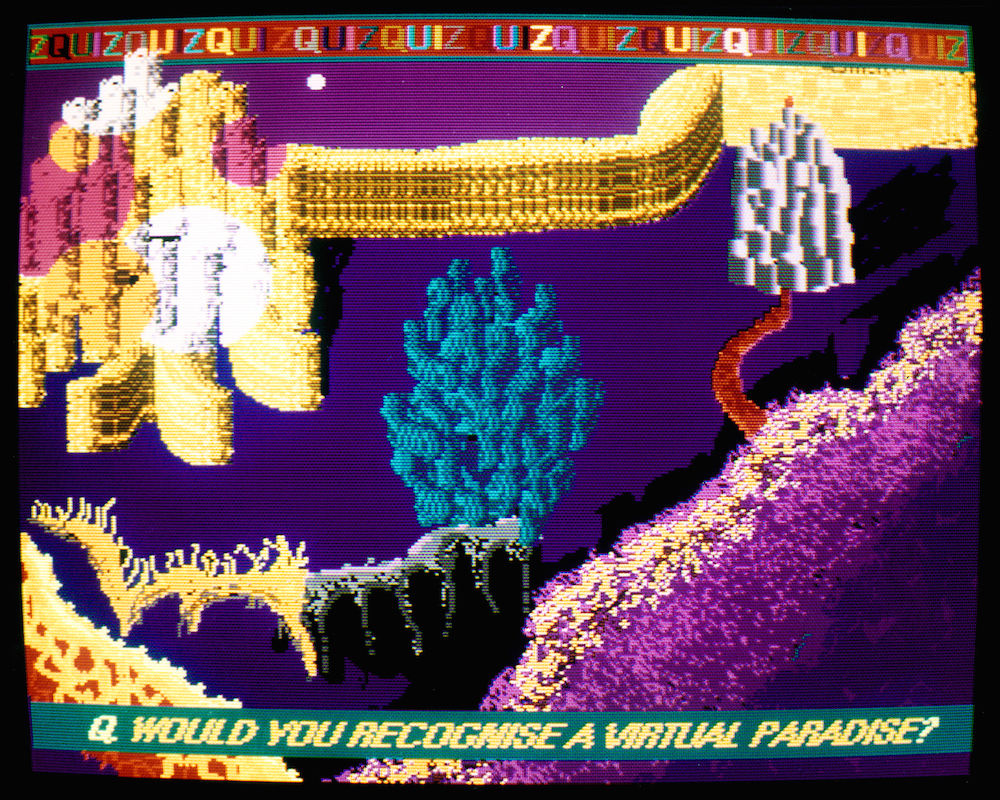 Suzanne Treister. “Fictional Video Game Stills/Q. Would you recognize a Virtual Paradise?,” 1992 Photograph (from original work on screen of original Amiga computer). Courtesy of the artist, P·P·O·W, New York and Annely Juda Fine Art, London.