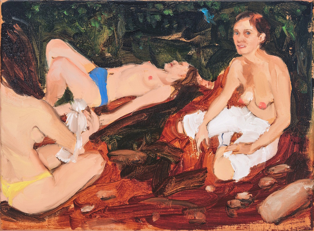 "Talia, Hannah and Emily in my living room waiting to wrestle," 2019. Oil on Linen, 9h x 12w in.