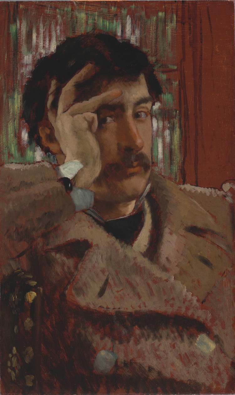 James Tissot, "Self Portrait," ca. 1865. Oil on panel, 19 5/8 x 11 7/8 in. (49.8 x 30.2 cm). Fine Arts Museums of San Francisco, Museum purchase, Mildred Anna Williams Collection, 1961.16   Image courtesy of the Fine Arts Museums of San Francisco
