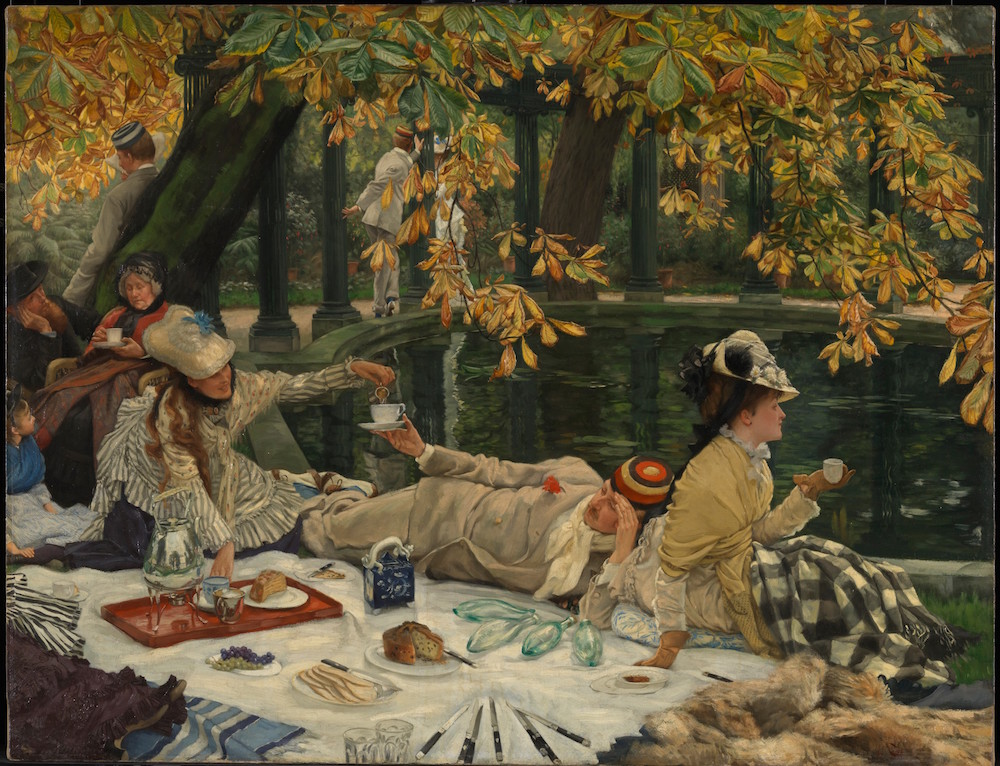 James Tissot, French, 1836–1902 "Holyday" (The Picnic) , ca. 1876. Oil on canvas Image: 30 x 39 in. (76.2 x 99.4 cm) Frame: x in. (92.5 x 118.5 cm) Tate  Image provided courtesy of the Fine Arts Museums of San Francisco