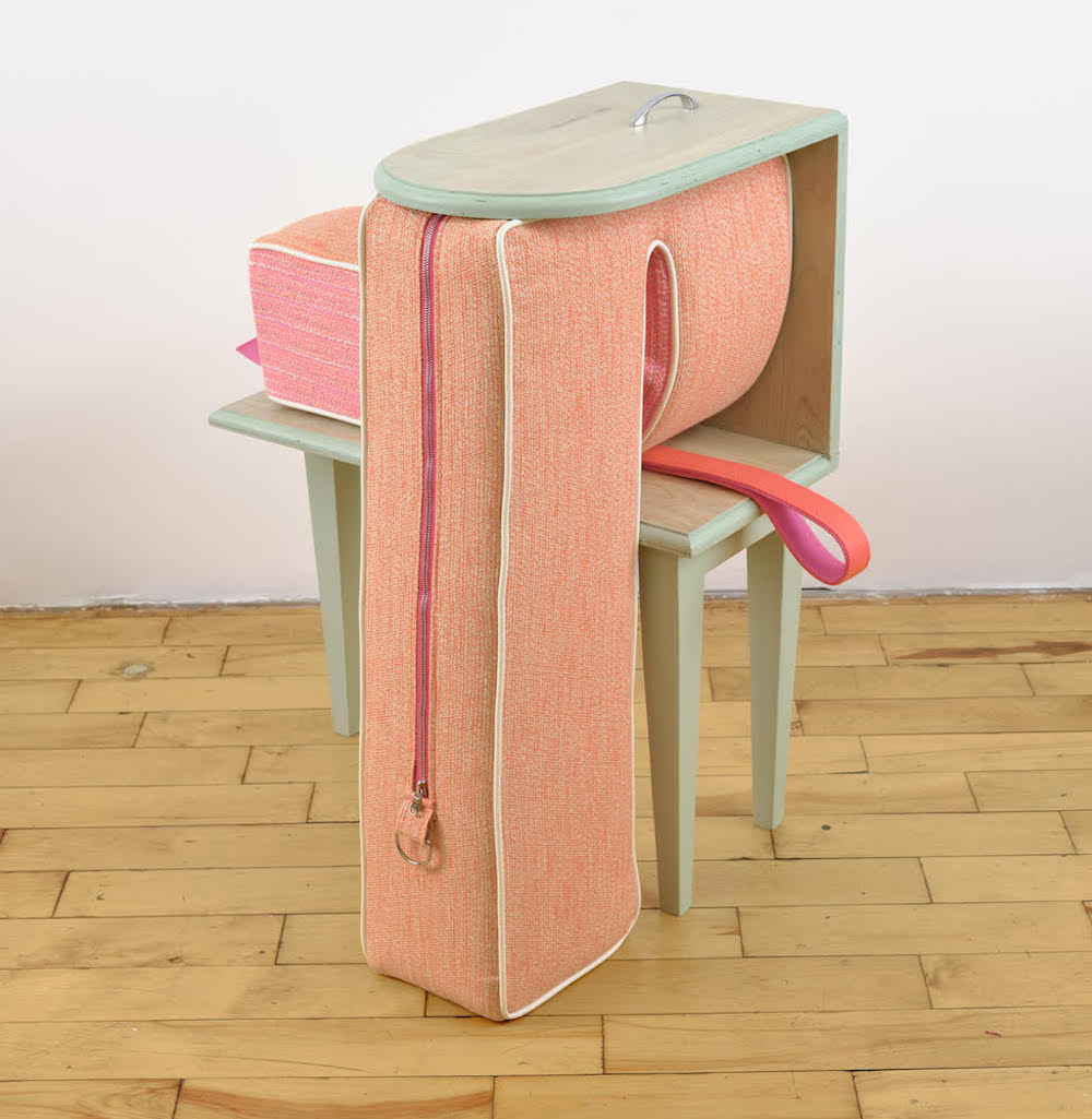 "Learning the Ropes," 2019. Wood, wood stain, fabric, foam, zipper, webbing, drawer handle, hardware. 30h x 30w x 17d in.