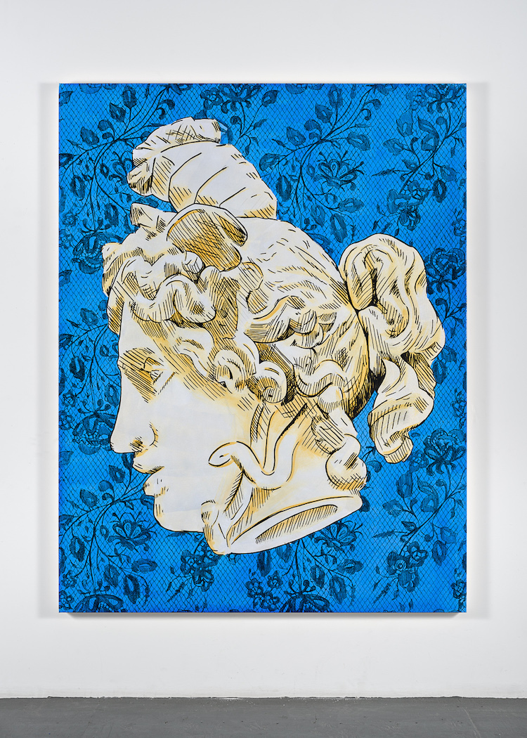 "Bad Feminist (Blue Lace Medusa)," 2019. Acrylic and archival ink on canvas