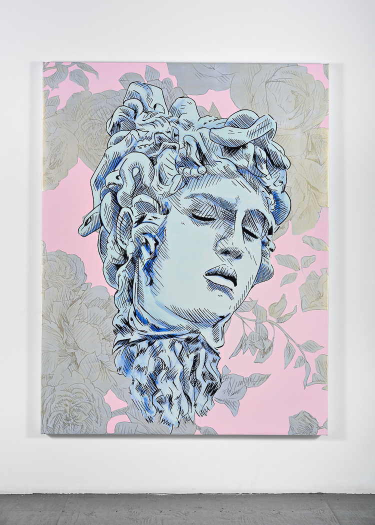 "Bad Feminist (Silver Floral Medusa)," 2019. Acrylic and archival ink on canvas.