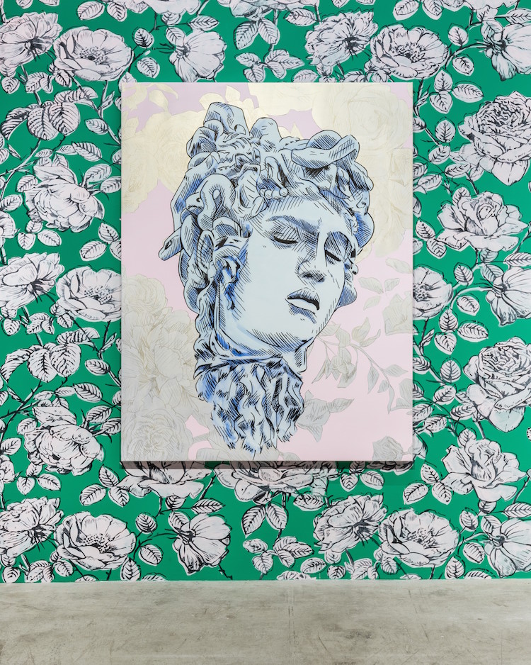 "Bad Feminist (Silver Floral Medusa)," 2019. Acrylic and archival ink on canvas.