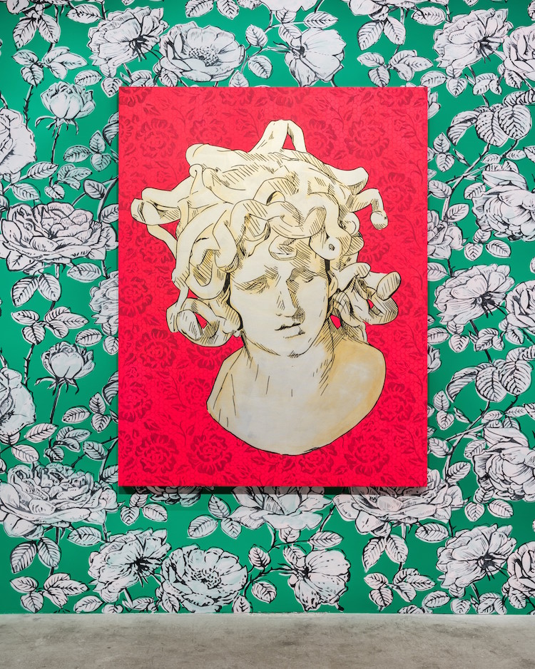 "Bad Feminist (Luminous Red Lace Medusa)," 2019. Acrylic and archival ink on canvas.