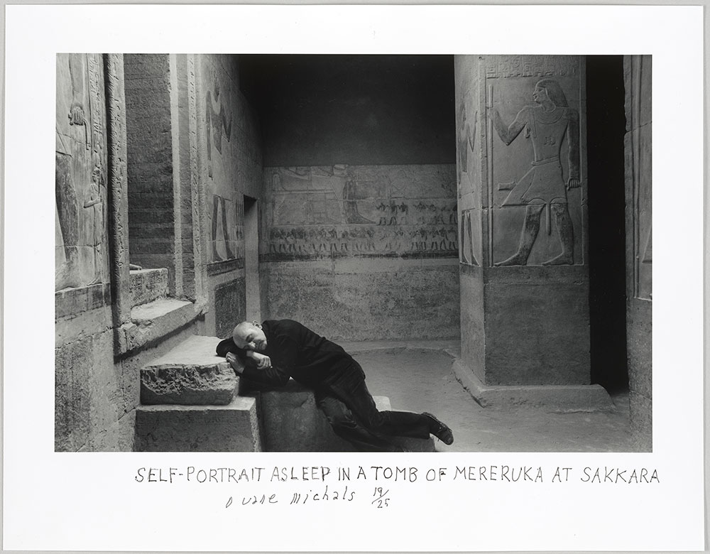 "Self–Portrait Asleep in a Tomb of Mereruka Sakkara" 1978 The Morgan Library & Museum, 2018.42. © Duane Michals, Courtesy of DC Moore Gallery, New York.