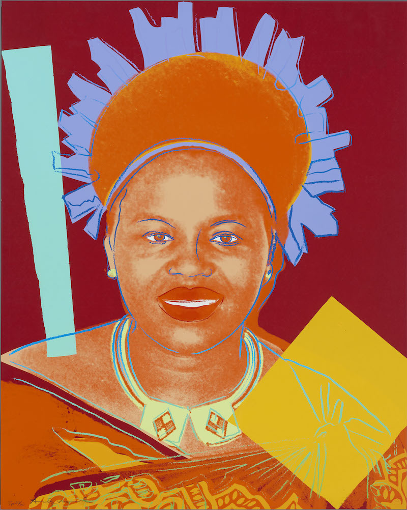 Reigning Queens: Queen Ntombi Twala of Swaziland, 1985, Unique screenprint on Lenox Museum Board, 39 1/2 x 31 1/2 inches. Collection of Jordan D. Schnitzer.