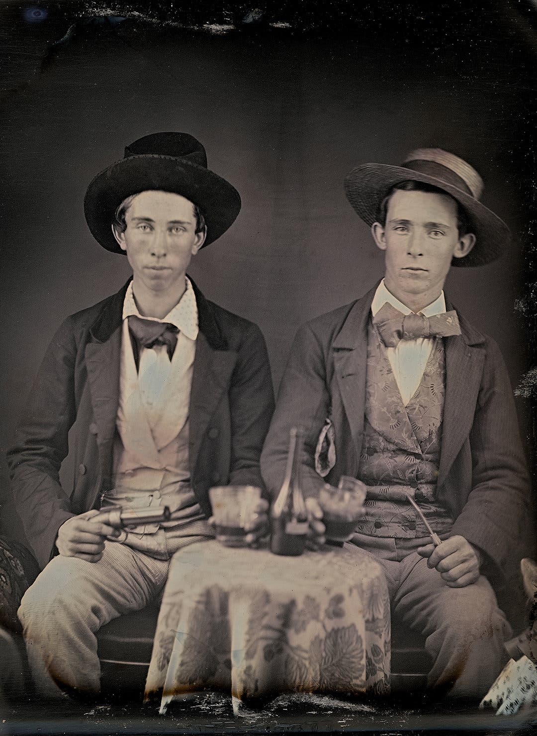 Portrait of two young men drinking liquor. Circa 1850. © Canadian Photography Institute