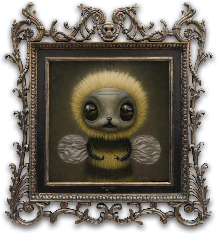 Bee (#144), 2019 oil on panel and hand-carved wood frame 20 x 20 inches