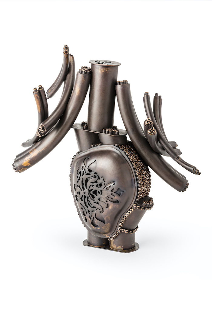 Holland Houdek, "Cardiovascular Complex (Heart and Vein Implant)," 2017, hand-fabricated copper, pierced, Swarovski crystals (475), bead-blasted, patina, 2020 3rd Place Juror’s Prize Winner