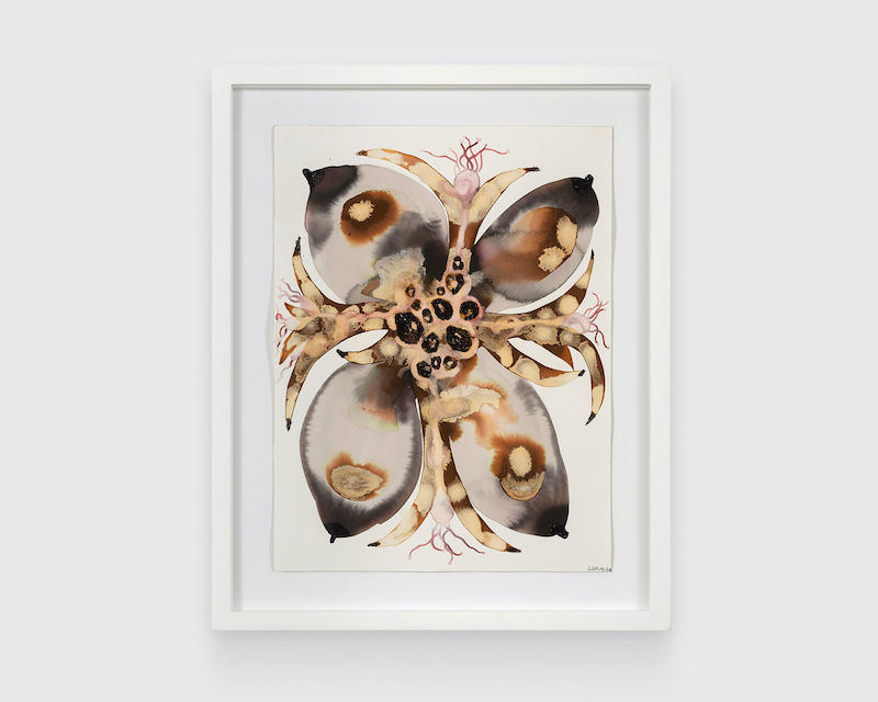  Wangechi Mutu Insides VIII, 2017  Watercolor and glitter on paper  16 x 12 inches 40.6 x 30.5 cm Framed: 20 3/8 x 16 3/8 inches 51.8 x 41.6 cm   Signed and dated recto     Courtesy the artist and Gladstone Gallery