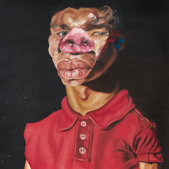 Pig Target, 2020 Oil paint, paint stick, oil pastel on linen canvas stretched over wood panel 36 x 36 inches 91.4 x 91.4 cm  © Nathaniel Mary Quinn. Photo: Rob McKeever. Courtesy Gagosian