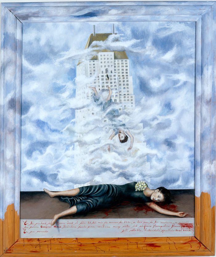 Frida Kahlo; El suicidio de Dorothy Hale (The Suicide of Dorothy Hale); 1939; oil on masonite with painted frame; 22 3/4 x 19 1/8 in. (57.8 x 48.6 cm) Framed: 23 1/2 x 19 1/2 in. (59.7 x 49.5 cm); Collection of Phoenix Art Museum, gift of an anonymous donor