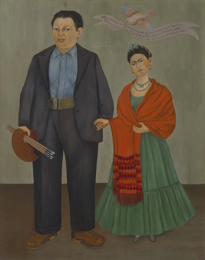 "Frieda and Diego Rivera", 1931 Oil on canvas, 39 3/8 x 31 in. (100 x 78.7 cm) Collection SFMOMA, Albert M. Bender Collection, gift of Albert M. Bender © Banco de Mexico Diego Rivera & Frida Kahlo Museums Trust, Mexico, D.F. / Artist Rights Society (ARS), New York, photo: Ben Blackwell  Image courtesy of the Fine Arts Museums of San Francisco