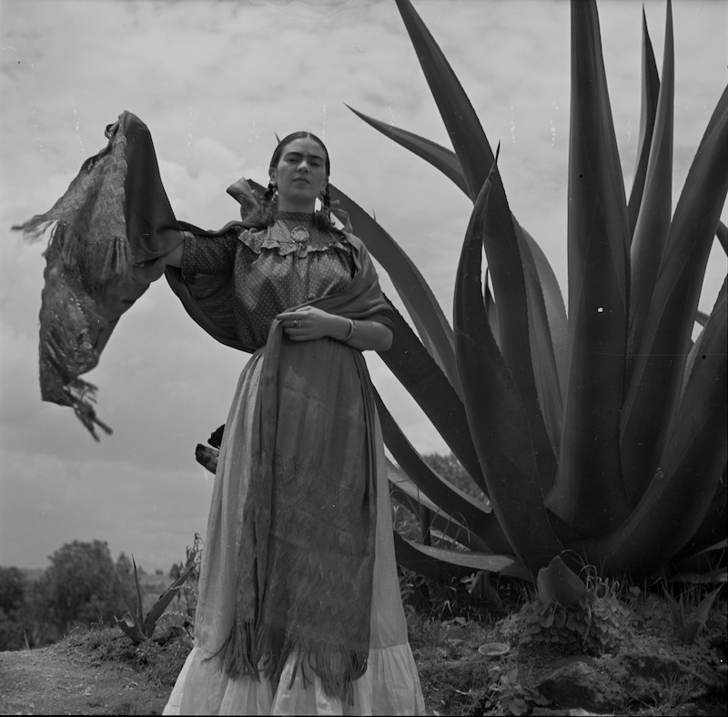 Toni Frissell (1907-1988) Frida Kahlo (Senora Diego Rivera) standing next to an agave plant, during a photo shoot for Vogue magazine, "Senoras of Mexico", 1937 Negative, nitrate. Library of Congress, Washington, D.C. Library of Congress, Prints & Photographs Division, Toni Frissell Collection, LC-DIG-ds-05052