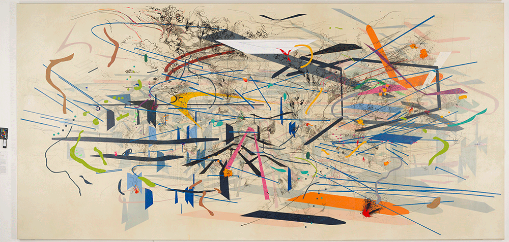 Julie Mehretu, Retopistics: A Renegade Evacuation, 2001. Ink and acrylic on canvas, 102 x 216 in. (259 x 548.6 cm). Crystal Bridges Museum of American Art, Bentonville, AR; 2013.28 