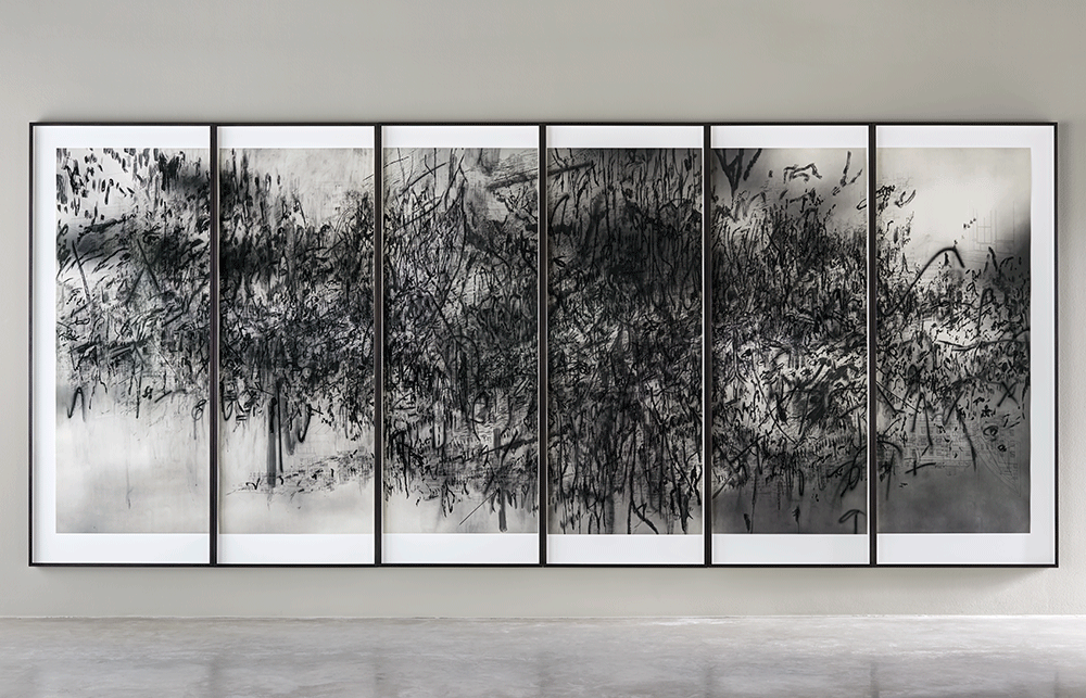 Julie Mehretu, Epigraph Damascus, 2016. (Edition of 16 (16/16)). Photogravure, sugar lift, aquatint, spit bite aquatint, open bite, 8.1 x 18.8 feet (248 cm x 573 cm). Los Angeles County Museum of Art; museum acquisition through the 2018 Collectors Committee, with funds provided by Kelvin Davis and Hana Kim  M.2018.188a-f 