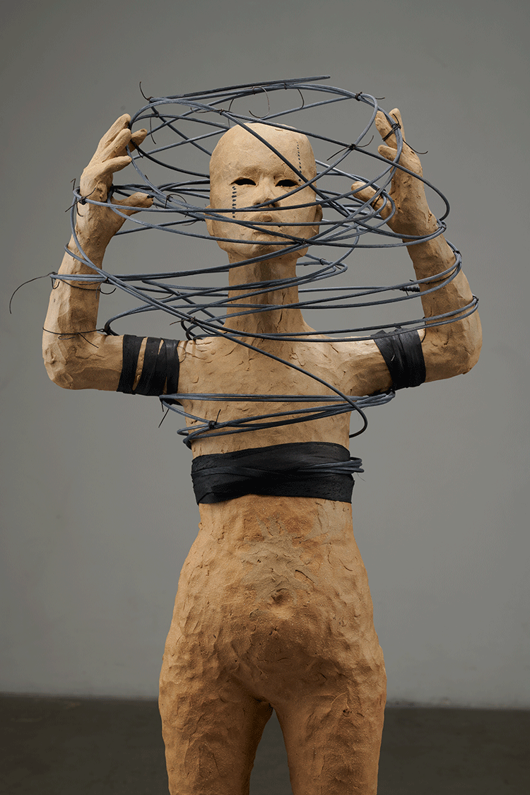 Rose B. Simpson, “Conjure” (detail), 2020, ceramic, reed, steel, leather, and wax thread, 38 x 15 x 11 in. Courtesy of the artist and Jessica Silverman. 
