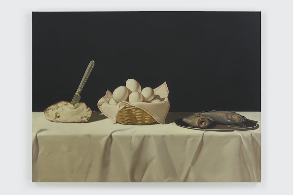 Buffet, 2020 Oil on linen 36 x 48 inches (91.4 x 121.9 centimeters) © Anna Weyant, Courtesy of the artist and Blum & Poe, Los Angeles/New York/Tokyo
