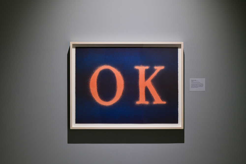 OK (State I), 1990 Lithograph on Rives BFK paper 26 7/8 x 36 in. Ed. 22/25 Los Angeles County Museum of Art, Gift of The Jane & Marc Nathanson Family Foundation © Ed Ruscha Photo: Trayson Conner.