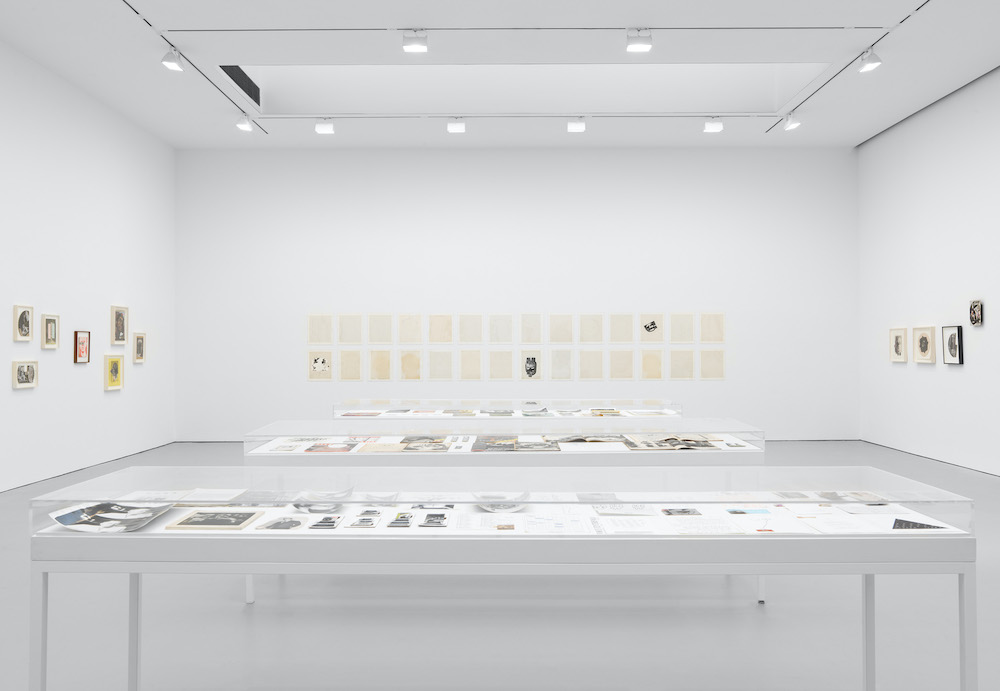 Installation view, Ray Johnson: WHAT A DUMP, David Zwirner, New York, April 8 – May 22, 2021. Courtesy David Zwirner.