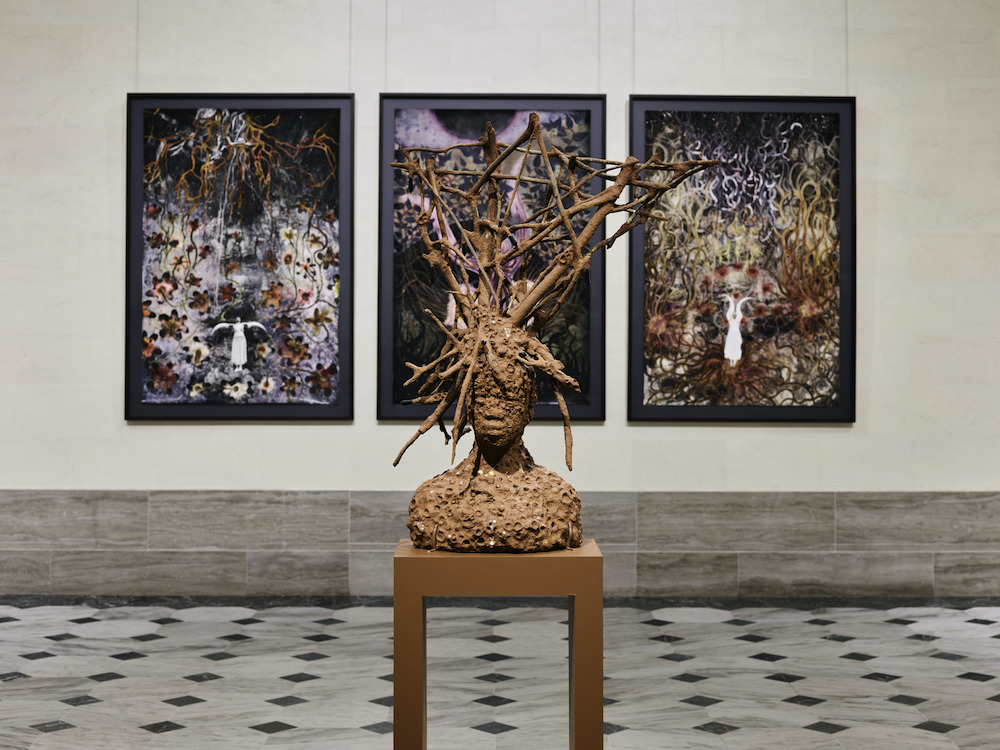 Installation view from Wangechi Mutu: I Am Speaking, Are You Listening?, Legion of Honor, San Francisco, 2021. Photograph by Randy Dodson, courtesy of the Fine Arts Museums of San Francisco Dream Catcher, 2016, © Wangechi Mutu. All rights reserved. Subterranea Stemmed, 2021, Subterranea Fury, 2021, and Subterranea Flourish, 2021, © Wangechi Mutu. All rights reserved. Courtesy the Artist and Gladstone Gallery, New York and Brussels