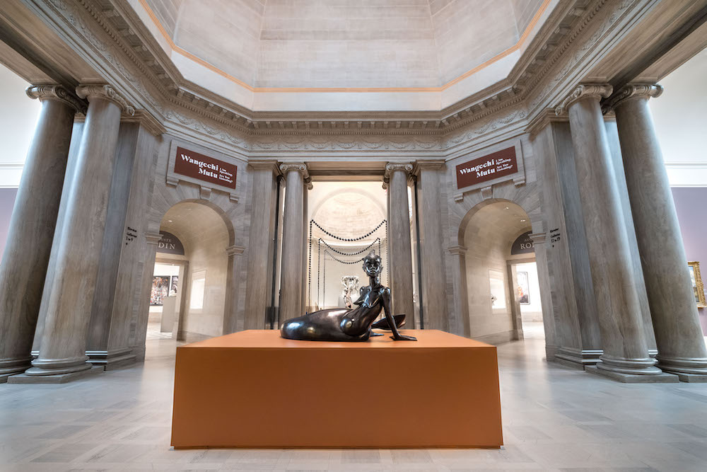 Installation view from "Wangechi Mutu: I Am Speaking, Are You Listening" at the Legion of Honor museum in San Francisco. Photography by Gary Sexton. Images courtesy of the Fine Arts Museums of San Francisco Outstretched, 2019, © Wangechi Mutu. All rights reserved. Courtesy the Artist and Gladstone Gallery, New York and Brussels