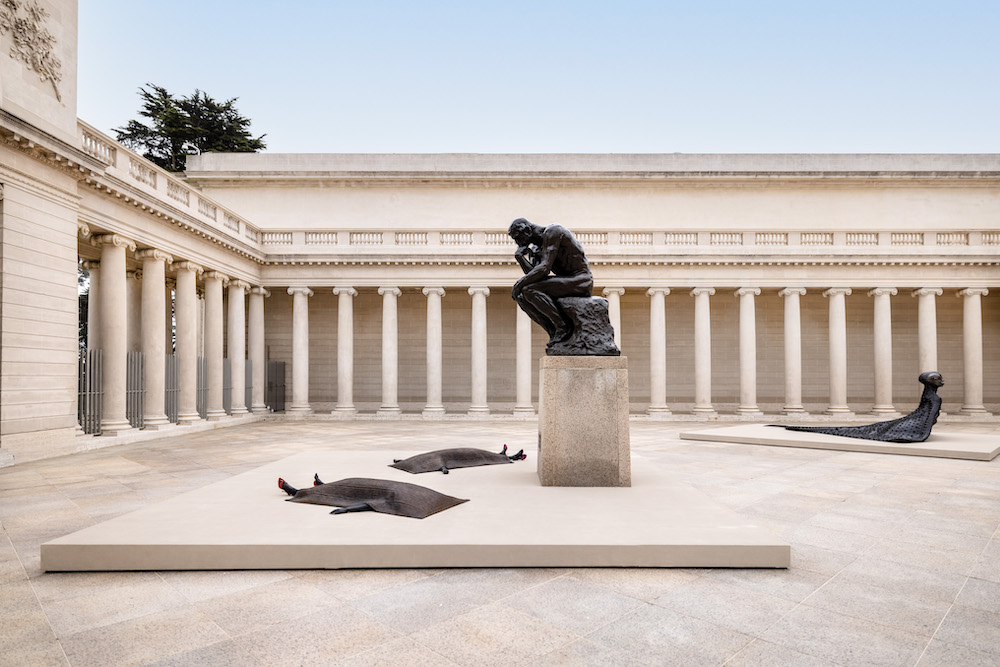 Installation view from Wangechi Mutu: I Am Speaking, Are You Listening?, Legion of Honor, San Francisco, 2021. Photography by Gary Sexton. Images courtesy of the Fine Arts Museums of San Francisco Shavasana I, 2019 and Shavasana II, 2019, and MamaRay, 2020, © Wangechi Mutu. All rights reserved. Courtesy the Artist and Gladstone Gallery, New York and Brussels