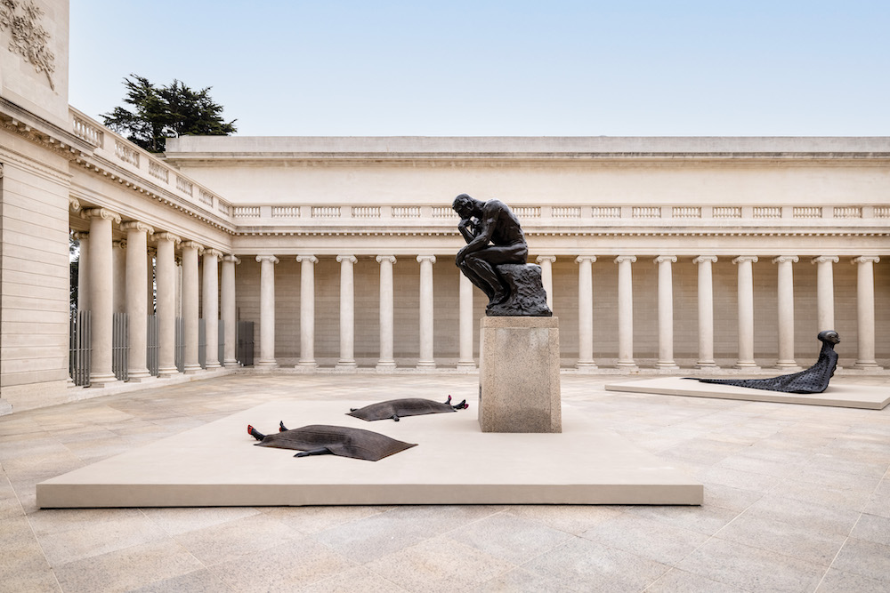 Installation view from Wangechi Mutu: I Am Speaking, Are You Listening?, Legion of Honor, San Francisco, 2021. Photography by Gary Sexton. Images courtesy of the Fine Arts Museums of San Francisco  Shavasana I, 2019 and Shavasana II, 2019, and MamaRay, 2020, © Wangechi Mutu. All rights reserved. Courtesy the Artist and Gladstone Gallery, New York and Brussels