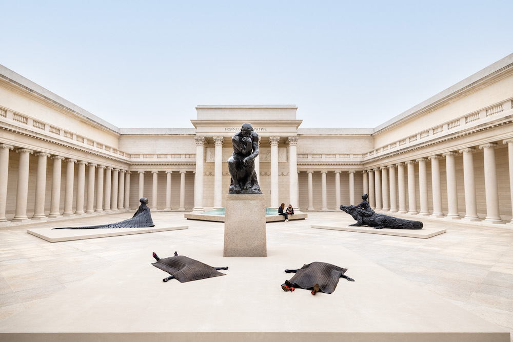 Installation view from Wangechi Mutu: I Am Speaking, Are You Listening?, Legion of Honor, San Francisco, 2021. Photography by Gary Sexton. Images courtesy of the Fine Arts Museums of San Francisco  Shavasana I, 2019 and Shavasana II, 2019, MamaRay, 2020, Crocodylus, 2020 © Wangechi Mutu. All rights reserved. Courtesy the Artist and Gladstone Gallery, New York and Brussels