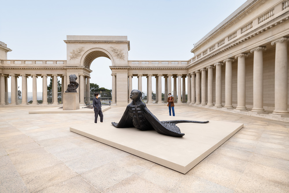 Installation view from Wangechi Mutu: I Am Speaking, Are You Listening?, Legion of Honor, San Francisco, 2021. Photography by Gary Sexton. Images courtesy of the Fine Arts Museums of San Francisco MamaRay, 2020 © Wangechi Mutu. All rights reserved. Courtesy the Artist and Gladstone Gallery, New York and Brussels
