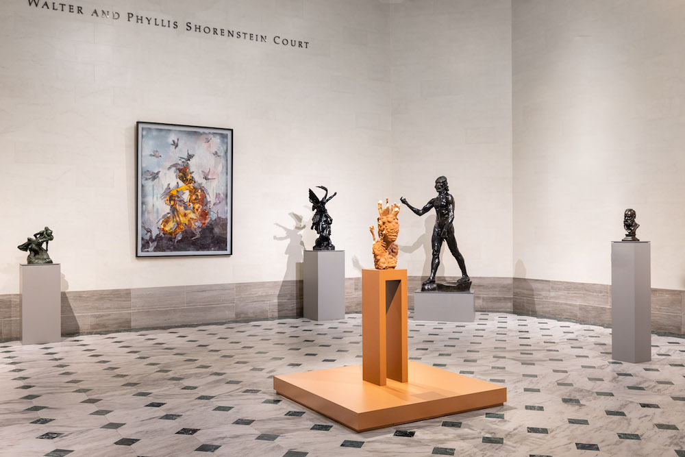 Installation view from Wangechi Mutu: I Am Speaking, Are You Listening?, Legion of Honor, San Francisco, 2021. Photograph by Randy Dodson, courtesy of the Fine Arts Museums of San Francisco  Dream Catcher, 2016, © Wangechi Mutu. All rights reserved. Subterranea Stemmed, 2021, Subterranea Fury, 2021, and Subterranea Flourish, 2021, © Wangechi Mutu. All rights reserved. Courtesy the Artist and Gladstone Gallery, New York and Brussels