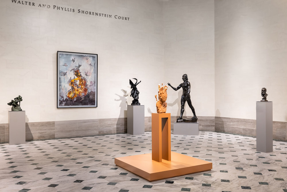 Installation view from Wangechi Mutu: I Am Speaking, Are You Listening?, Legion of Honor, San Francisco, 2021. Photograph by Randy Dodson, courtesy of the Fine Arts Museums of San Francisco Dream Catcher, 2016, © Wangechi Mutu. All rights reserved. Subterranea Stemmed, 2021, Subterranea Fury, 2021, and Subterranea Flourish, 2021, © Wangechi Mutu. All rights reserved. Courtesy the Artist and Gladstone Gallery, New York and Brussels