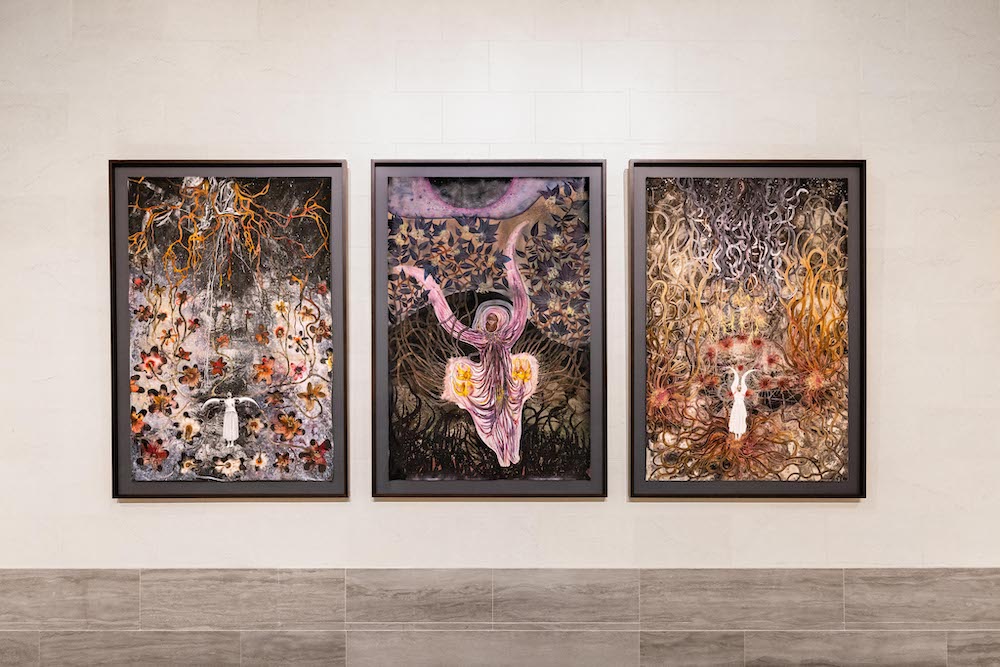 Installation view from Wangechi Mutu: I Am Speaking, Are You Listening?, Legion of Honor, San Francisco, 2021. Photograph by Randy Dodson, courtesy of the Fine Arts Museums of San Francisco Subterranea Stemmed, 2021, Subterranea Fury, 2021, and Subterranea Flourish, 2021, © Wangechi Mutu. All rights reserved. Courtesy the Artist and Gladstone Gallery, New York and Brussels