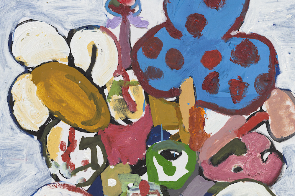 BAP Flower 6 (Clown Positive), 2020 Acrylic paint, oil paint and spray paint on canvas 40 x 30 x 1 3/8 inches © Eddie Martinez, Courtesy of the artist and Blum & Poe, Los Angeles/New York/Tokyo