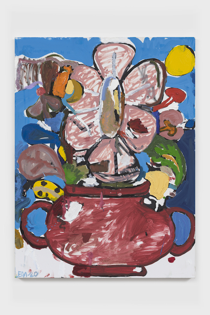 BAP Flower 4 (Baby Sun), 2020 Acrylic paint, oil paint and spray paint on canvas 40 x 30 x 1 1/2 inches © Eddie Martinez, Courtesy of the artist and Blum & Poe, Los Angeles/New York/Tokyo