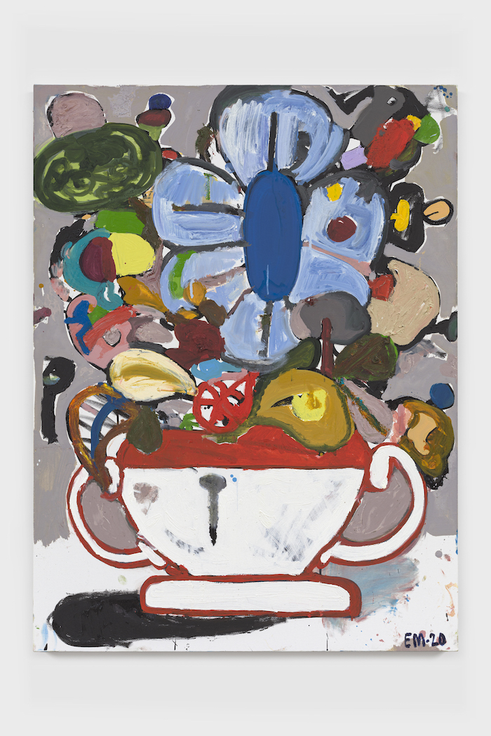 BAP Flower 1 (Periwinkle), 2020 Oil paint and spray paint on canvas 40 x 30 x 1 1/2 inches © Eddie Martinez, Courtesy of the artist and Blum & Poe, Los Angeles/New York/Tokyo