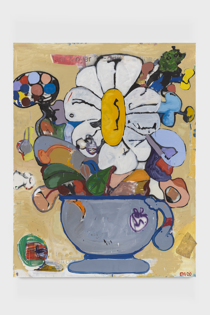 BAP Flower 15 (Highlights), 2020 Silkscreen, oil paint, spray paint, marker, baby wipe collage on canvas 96 x 76 x 1 1/2 inches © Eddie Martinez, Courtesy of the artist and Blum & Poe, Los Angeles/New York/Tokyo