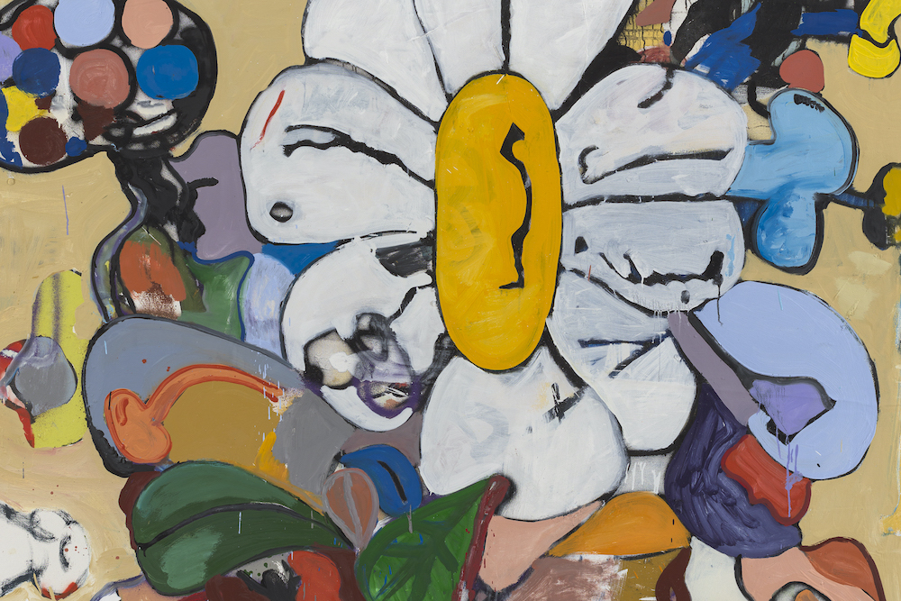 BAP Flower 15 (Highlights), 2020 Silkscreen, oil paint, spray paint, marker, baby wipe collage on canvas 96 x 76 x 1 1/2 inches © Eddie Martinez, Courtesy of the artist and Blum & Poe, Los Angeles/New York/Tokyo