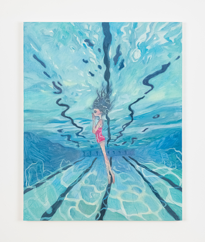 we have a pool next to our apartment, we swim everyday, 2021 Oil on canvas 100 x 80 cm ©2021 Aya Takano/Kaikai Kiki Co., Ltd. All Rights Reserved. Courtesy of Perrotin.